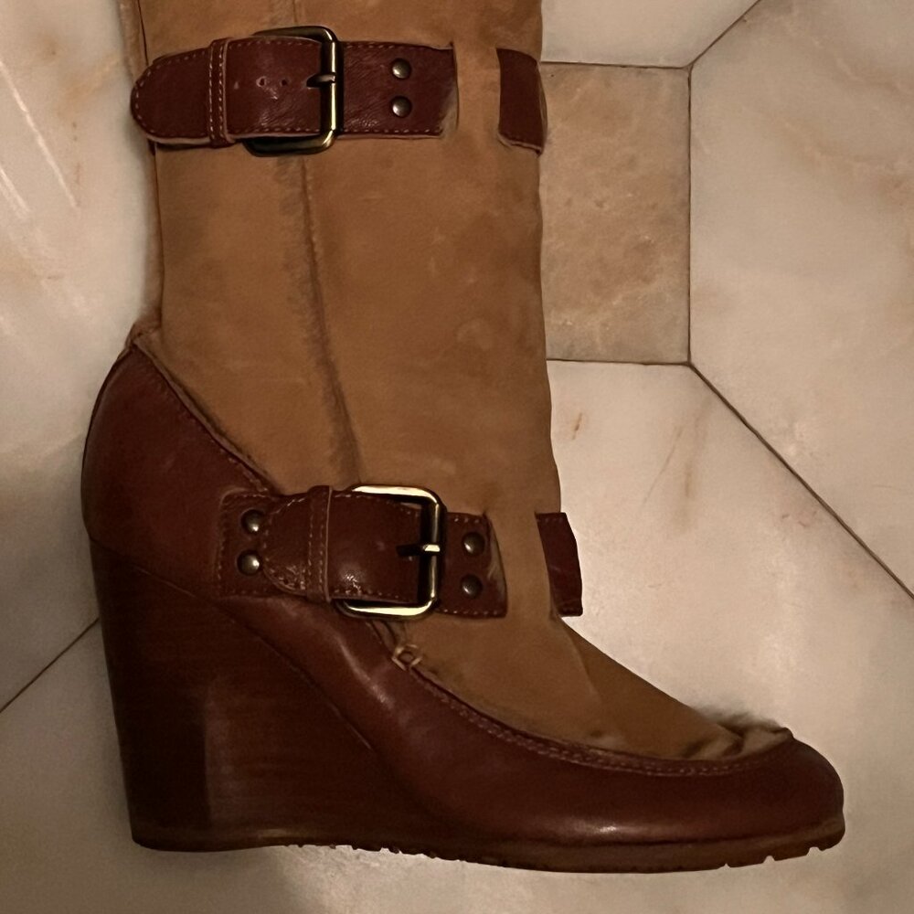 FENDI Tan Suede + Brown Leather Shearling Lined Boots